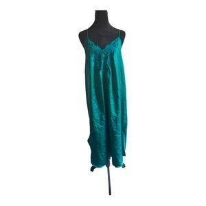 80s Emerald Green Slip‎ Dress Lace V neck trim small floral appliqué size Large